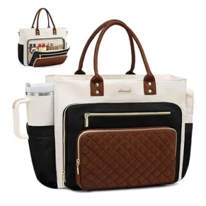LOVEVOOK Teacher Tote Bag for Women Work, Laptop Bag With Large Cup Holder, Nurse Bags Professional Briefcase Business Computer Purses Bible Handbag Gifts, Black-Beige-Brown, 15.6 Inch