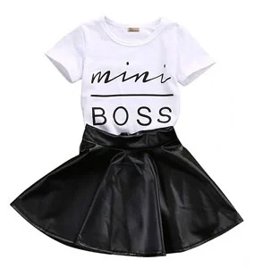 Toddler Girls Fashion Clothes Set Sassy Beauty Mini Boss Short Sleeve Tops+Mini Button Skirts Dress Summer Outfit