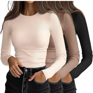 Ficerd 3 Pack Women's Ribbed Long Sleeve Tops, Crew Neck Slim Fit Undershirts Knit Basic Casual Stretch