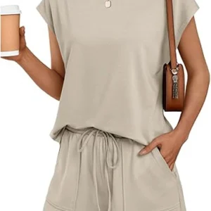 AUTOMET Womens Crew Neck Two Piece Short Sets Cap Sleeve Drawstring Summer Sweatsuit with Pocket
