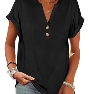 ANRABESS Womens Short Sleeve Henley Tops V Neck Dressy Casual Blouses Summer Trendy Tee Shirts 2026 Vacation Fashion Clothes